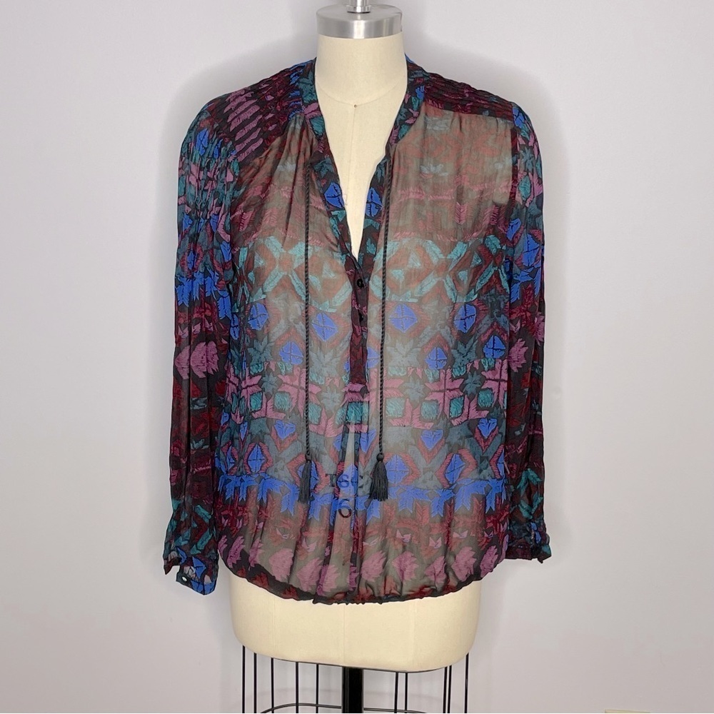 Lucky Brand Sheer Boho Tassel 1/4 Button Down Blouse- Size Medium